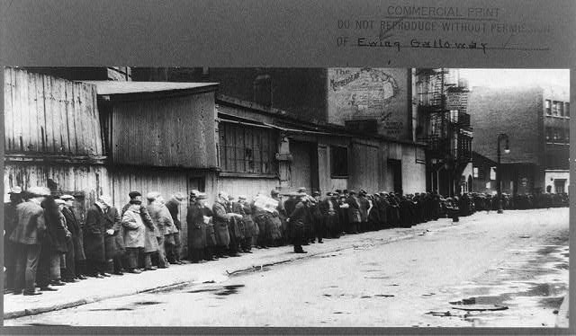 A breadline during the Great Depression. Library of Congress.